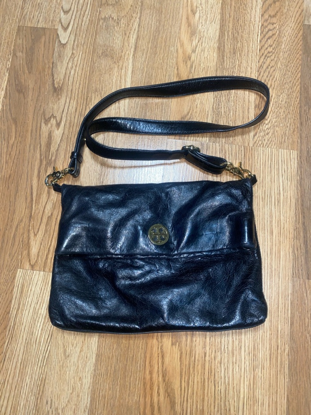 Black Leather Crossbody Bag with Gold-Tone Accent